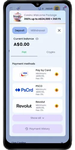 AUD deposit in casino cashier